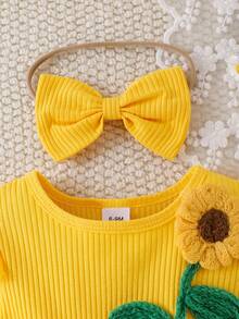 Baby Girl Pastoral Sunflower & Daisy Theme 2-Piece Set, Fresh Yellow Ribbed Ruffle Top With Daisy Print Mesh Tutu Dress + Matching Bow Hair Accessory - Yellow - View 3