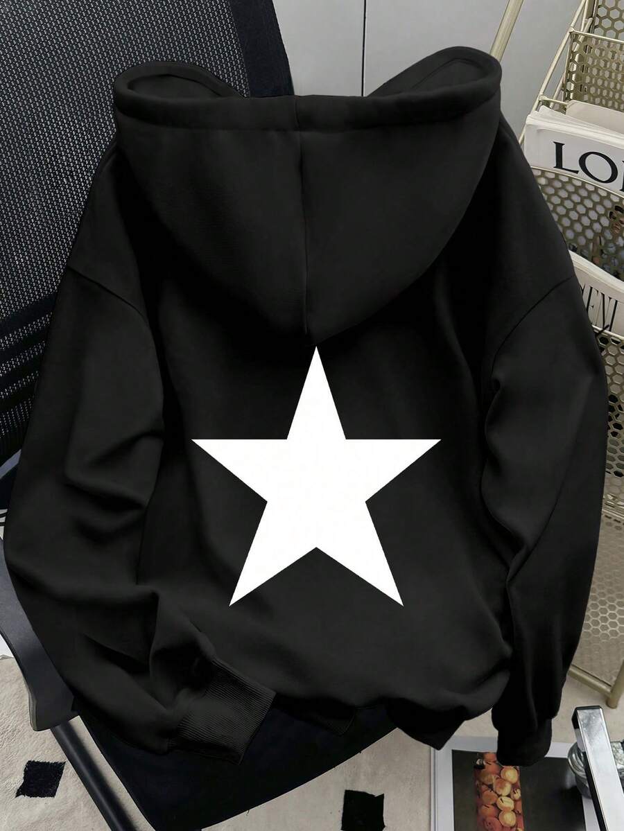 Women's Loose-Fitting, Long-Sleeved Sweatshirt With Pentagram Print And Dropped Shoulders, Autumn - Black - View 1