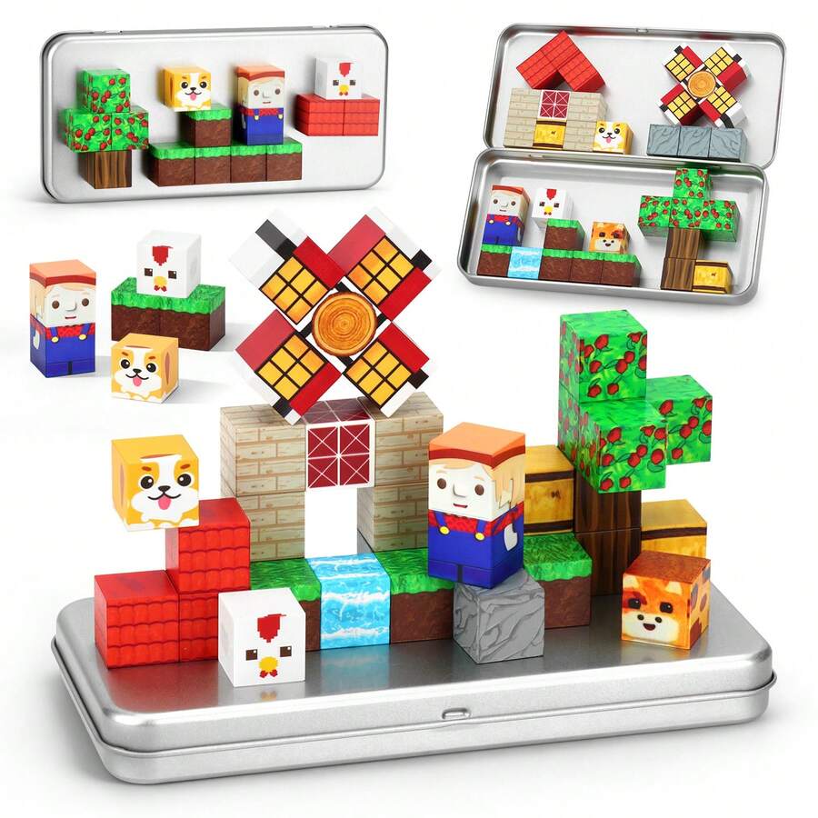 35pcs Farm Animal Magnetic Blocks - Portable Iron Storage Box STEM Educational Building Toy - Essential For Road Trips And Flights, Suitable For 4-8 Years Old Children Birthday/Holiday Gift - Multicolor - View 1