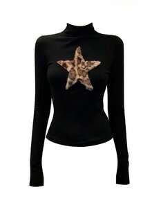 Women's American Hot Girl Leopard Print Star High Neck Slim Fit Ribbed Top, Retro Street Style, Suitable For Autumn Wear - Black - View 10