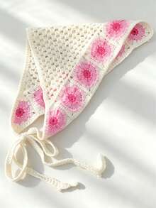 1pc Women's Pastoral Style Square Scarf, Multi-Functional Bohemian Headscarf, French Country Style Triangle Headwrap, Hollow Breathable Knitted Floral Tie-Up Headband, Spring/Summer Girl Picnic Travel Hair Tie, Vintage Floral Adjustable Tie Hair Accessory, Suitable For Vacation/Beach/Daily Wear - Multicolor - View 2