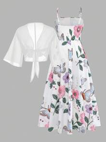 Women's Fashion Elegant Pearl 3D Floral Print Dress Chiffon Jacket Elegant 2-Piece Set Beach Vacation 2-Piece Set Summer - Multicolor - View 9