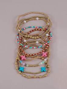 9pcs CCB Colorful Rice Bead Cross Beaded Multi-Layer Bracelet Set, Suitable For Women's Daily Wear, Dating, Music Festival, Party Layering - Multicolor - View 4