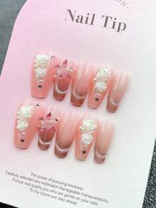 10pcs Medium Tapered Fake Nails With Nude Pink Base & Brown Glitter Gradient, 3D White Roses, Pearl & Rhinestone Accents Gentle Fairy Style Handmade Press On Acrylic Nails Reusable With Jelly Glue Sticker, Stick & File For Women Daily Or Party Wear - Multicolor - View 9