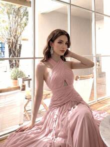 女款優雅性感多層荷葉邊拼接設計時尚大裙擺修身奢華純色派對拼接婚禮禮服 - 粉色 - 查看 1