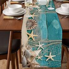 Polyester Table Runner, 2D Flat Printing Blue Starfish Seashell Coral Texture Pattern & Rustic Teal Wood Grain Fishing Net Beach Seashell Starfish Print, Heat Resistant Washable Table Decor Runner For Summer Nautical Table Decoration - Multicolor - View 14