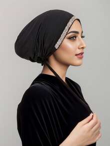 1pc Women's Solid Color Rhinestone Embellished Tie-Up Hat, Elastic Drawstring Headscarf With Inner Lining - B-hot Rhinestone Black - View 5
