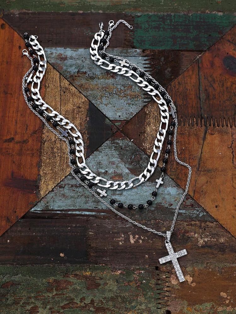 Set de 3 piezas de collar de cadena cubana de plata estilo hip hop, colgante de cruz pequeña con cuentas negras y cristales, conjunto de cadena para cuello para mujeres - Plateado - Añade 2