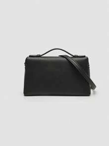 Black Lychee Textured PU Mini Box Handbag With Slim Top Handle And Detachable Spaghetti Strap With Double Handles. Compact Rectangular Cosmetic Bag With Silver Double Zipper Design. Ideal For Minimalist Professional Women, Perfect For Commuting, Dating, Weekend Shopping And Daily Outings. - Black - View 4