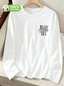 Kaos Wanita Kasual My Bride Era Wedding Print Crew Neck Lengan Panjang untuk Musim Semi/Gugur/Dingin - Putih - View 2