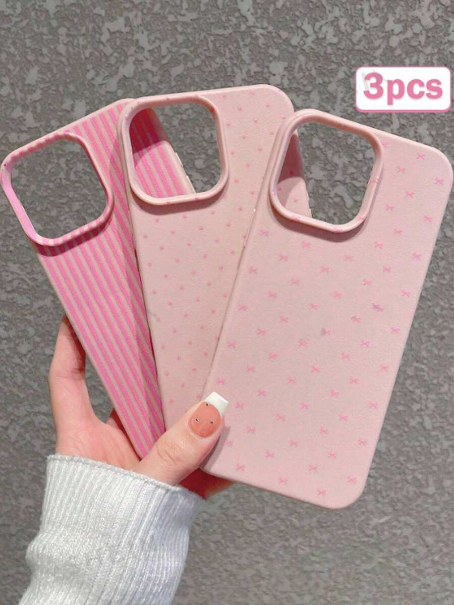 3 Packs Pink Faux Leather Texture Bow/Stripe/Dot Phone Case Set, Skin-Friendly Soft Anti-Drop Protective Cover, Cute Girly Aesthetic Design, Covers,Compatible With Iphone Case& Galaxy Case - Multicolor - View 1