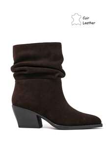 Bottines Plissées in Cuir Suédé à Bout Pointu – L'Élégance Citadine Authentique - بني - مشاهدة 3