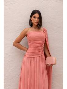 Long, One-Shoulder Party Dress In Dark Nude, Flowing Style, For Bridesmaids/Dates/Graduations/Guests. - Rose - View 3