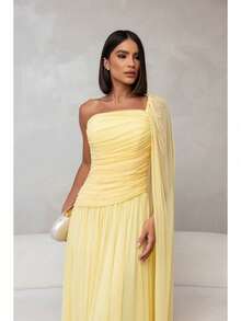 Long, One-Shoulder Party Dress In Dark Nude, Flowing Style, For Bridesmaids/Dates/Graduations/Guests. - Butter Yellow - View 3