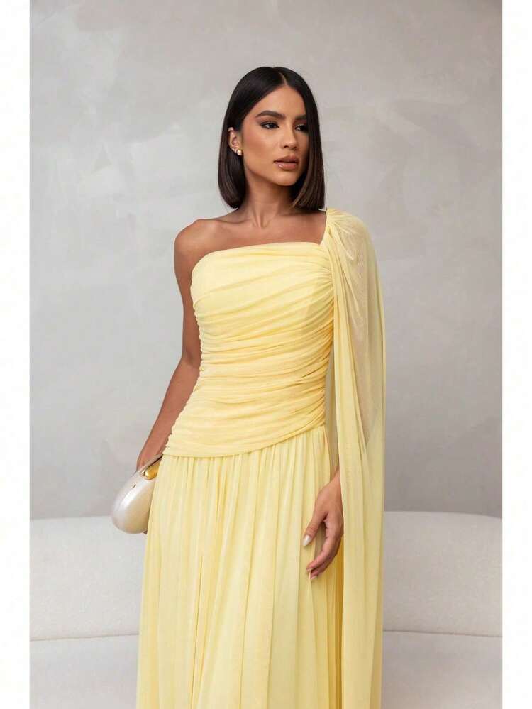 Long, One-Shoulder Party Dress In Dark Nude, Flowing Style, For Bridesmaids/Dates/Graduations/Guests. - 奶油黃 - 查看 3