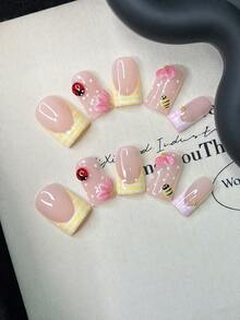 10pcs/Set Y2K Nails Handmade, Pink Nails, Stripe Nails, 3D Pink Flowers Nails & 3D Ladybug Nails, Perfect For Parties & Daily Wear. Short Square Nails. Handmade Press On Nails Square, Fake Nails, Acrylic Nails, Short Nails, Cute Nails, Summer Nails - Multicolor - View 11