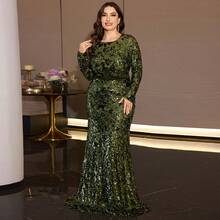 XUIBOL Plus-Size Sequined Long-Sleeved Round Neck Mermaid Gown, Elegant And Luxurious Evening Dress, Suitable For Formal Parties, Cocktail Parties - Olive Green - View 10