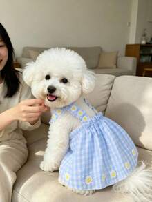 Blue & White Plaid Pet Suspender Dress With 3D Daisy Decor And Ruffle Trim, Suitable For Everyday Wear - Blue - View 1