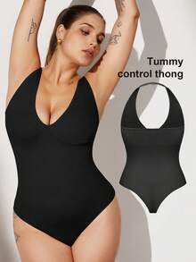 1pc Plus Size Women's Seamless Tummy Control Shapewear, 2 Ways To Wear, Detachable Straps, One-Piece Thong Bikini Style, Strapless Bandeau Bodysuit - Black - View 10
