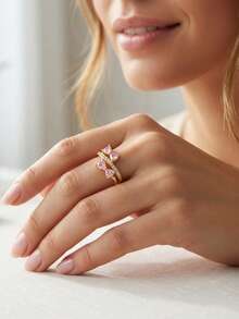1pc Sweet Romantic Pink Sparkling Cubic Zirconia Double Bow Double Layer Cross Ring, Women's Daily Commute Date Wear Jewelry Gift - Gold - View 8