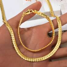 2pcs Fashionable And Luxurious Italian 750 18K Gold-Plated Copper Necklace Copper Bracelet Suitable For Men Women Daily Wear Classic Couple Jewelry - Gold - View 1