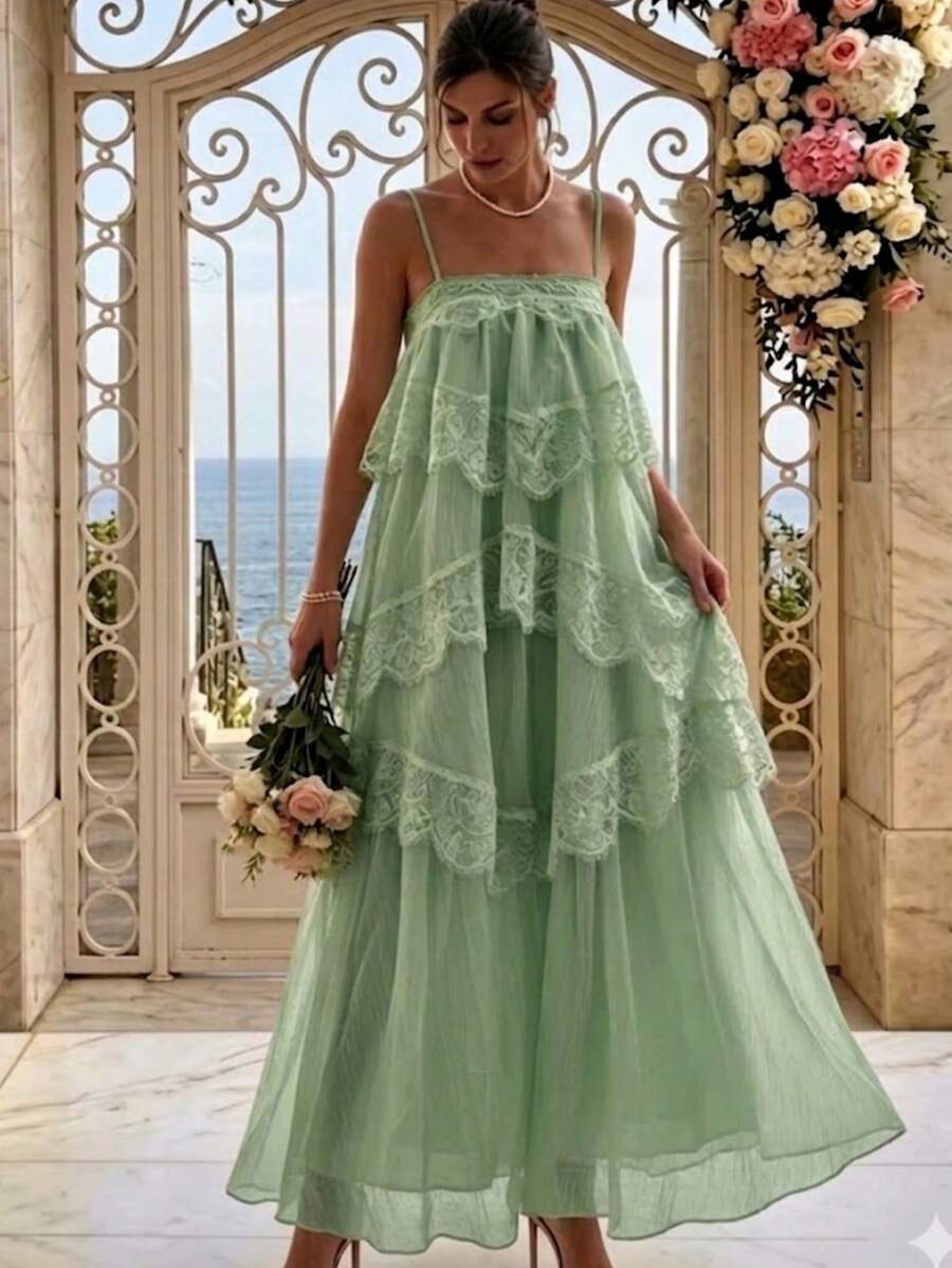 Damen Spitze asymmetrisches elegantes langes Party Rüschen Maxi Kleid, ärmellos Mode, Abschlussball, Abschlussfeier, Urlaubsoutfit Hochzeit Herbst - Minzgrün - Übersicht 1
