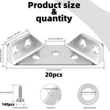 160 buah Konektor Sudut Furnitur Universal Stainless Steel dengan Sekrup - Penyangga Sudut 90° Braket Penyangga Segitiga Tugas Berat untuk Furnitur Kayu, Laci, Lemari, Meja, dan Kursi - sudut siku-siku - View 3