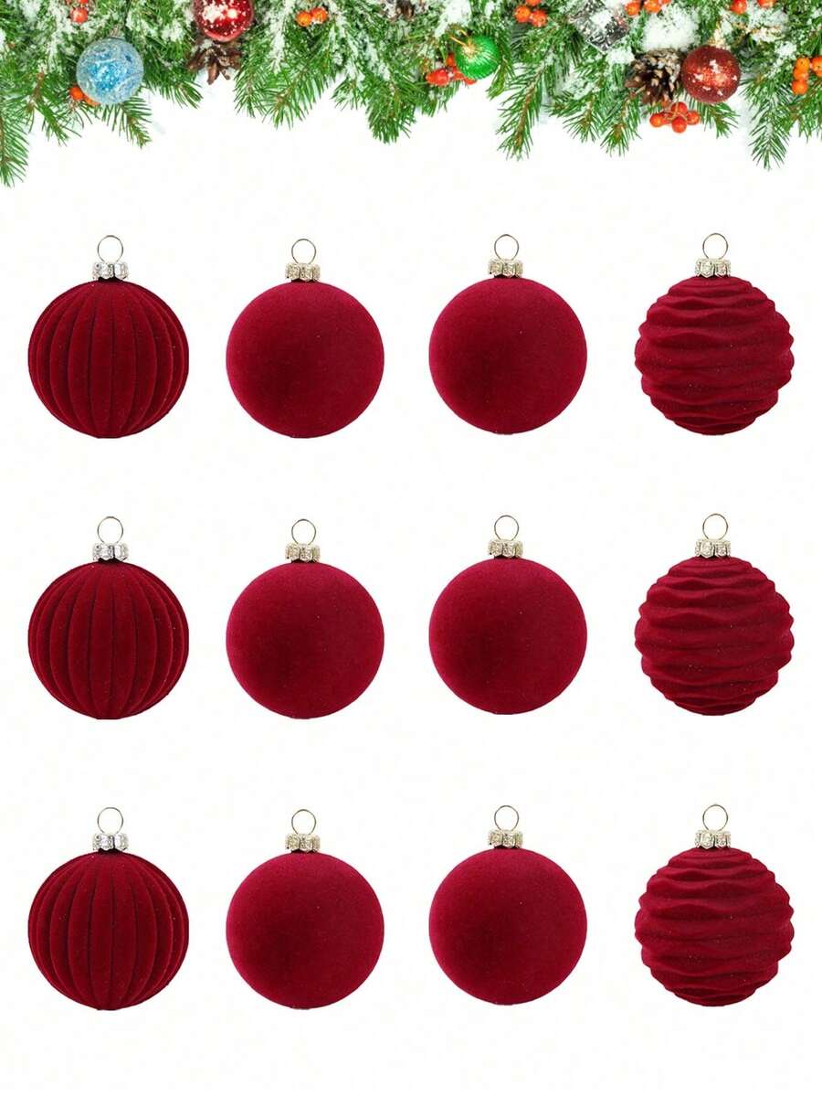 12pcs Burgundy Flocked Christmas Balls, Flocked Christmas Tree Decorations, Christmas Party Decor, Christmas Ball Ornaments, Home Christmas Decorations, Christmas Stocking Fillers, Christmas Hanging Ornaments, Christmas Round Balls, Party Decor Accessories, Indoor Decorative Items, Christmas Hanging Decor, Christmas Gifts, Party Favors, Christmas Eve Accessories, Stocking Fillers, 2026 New Year Decorations - A - View 1