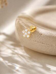 1pc 925 Sterling Silver Small Flower Zirconia Nose Stud, Flat Back, Hypoallergenic, Piercing Jewelry, Nose Ring, Ear Stud, Unisex, Daily Casual Wear - Gold - View 7