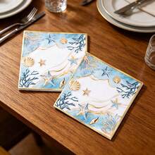 20/40/60pcs Watercolor Ocean Style Gold Rim Cocktail Napkins, Starfish And Shell Print 2-Ply Thickened Beach Tabletop Decorative Napkins, Suitable For Island Party, Pool Party, Beach Wedding, Mediterranean Style Party, Picnic, Baby Shower And Birthday Party - Multicolor - View 4