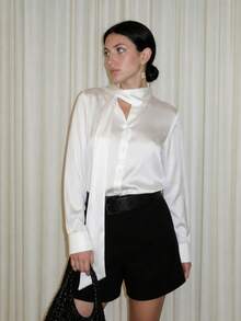 Women's Fashion Elegant French Design Satin White Blouse With Bow Tie, Front Button, Long Sleeve, Early Autumn New Style, Commute, Vacation, Daily Wear - White - View 5