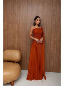 Long, One-Shoulder Party Dress In Dark Nude, Flowing Style, For Bridesmaids/Dates/Graduations/Guests. - Terracotta - View 3