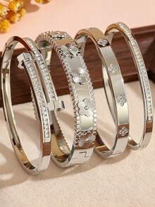 2026 New Vintage Stainless Steel Flower Zirconia Women's Jewelry Bracelet Set/Women's Jewelry Set, Women's Jewelry Bracelet Set/Multiple Designs (Five-Petal Flower, Diamond Shape, Four-Leaf Clover, Rhinestone, Etc.), Multi-Functional Luxury Commuter Accessory, Stackable, Niche Design, Holiday Gift/Suitable For Daily/Vacation/Summer/Travel Wear - Silver - View 2