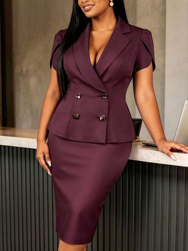 AOMEI Women's Elegant Charming Burgundy Custom Suit Jacket And Pencil Skirt Set, Double-Breasted Ruffle Top, Elegant Business Office Work Two Pieces Set, Showcasing Elegant Charming Women's Outfit
