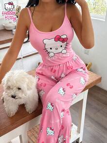 SANRIO 两件套 KT 猫咪印花吊带背心和阔腿裤，粉色卡通图案无袖上衣 + 配套长裤，适合居家休闲和户外穿着 - 粉色 - 查看 1