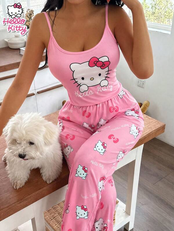 SANRIO 两件套 KT 猫咪印花吊带背心和阔腿裤，粉色卡通图案无袖上衣 + 配套长裤，适合居家休闲和户外穿着