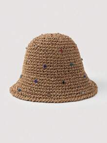 1 buah Topi Jerami Pantai Wanita Berlubang dengan Hiasan Berlian Imitasi, Topi Pantai Pelindung Matahari Musim Semi/Panas, Cocok untuk Liburan, Pemakaian Sehari-hari, Fotografi, dan Berpakaian - Berlian Berwarna 8056 - View 8