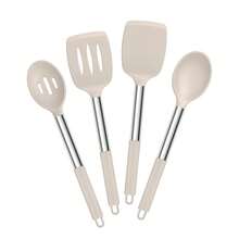 7-Piece Silicone Cookware Set, Heat-Resistant Kitchen Utensils With Stainless Steel Handles, Slotted Turner, Spoon, Ladle, Pasta Server, Skimmer, Tongs, Non-Stick Spatula - Khaki - View 7