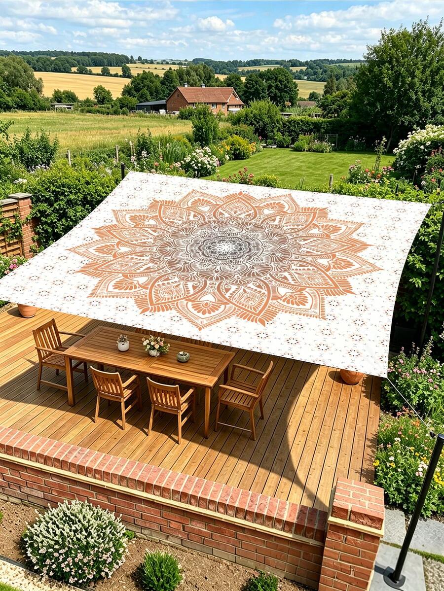 1 pieza Toldo de exterior reforzado impermeable y resistente al sol con patrón bohemio de flor mandala degradada verde para jardín patio y playa con cuerda gratis (marco no incluido) - A - Ver 1