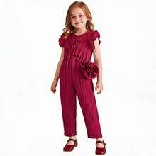 Girls' Cap Sleeve Jumpsuit With Floral Bag, Comfortable & Fashionable For Spring/Summer - Burgundy - View 8