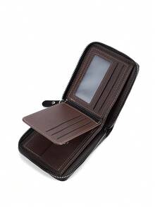 1pc New Men's Crocodile Pattern Multi-Function Zipper Fashion Casual Short Wallet Card Holder, Versatile For Youth Students Travel - Mocha Brown - View 4