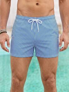 Mercer Haus New Striped Print Swim Trunks For Men, Blue & White, Fashionable & Comfortable For Beach, Surfing, Fitness, Daily Wear - Blue - View 1