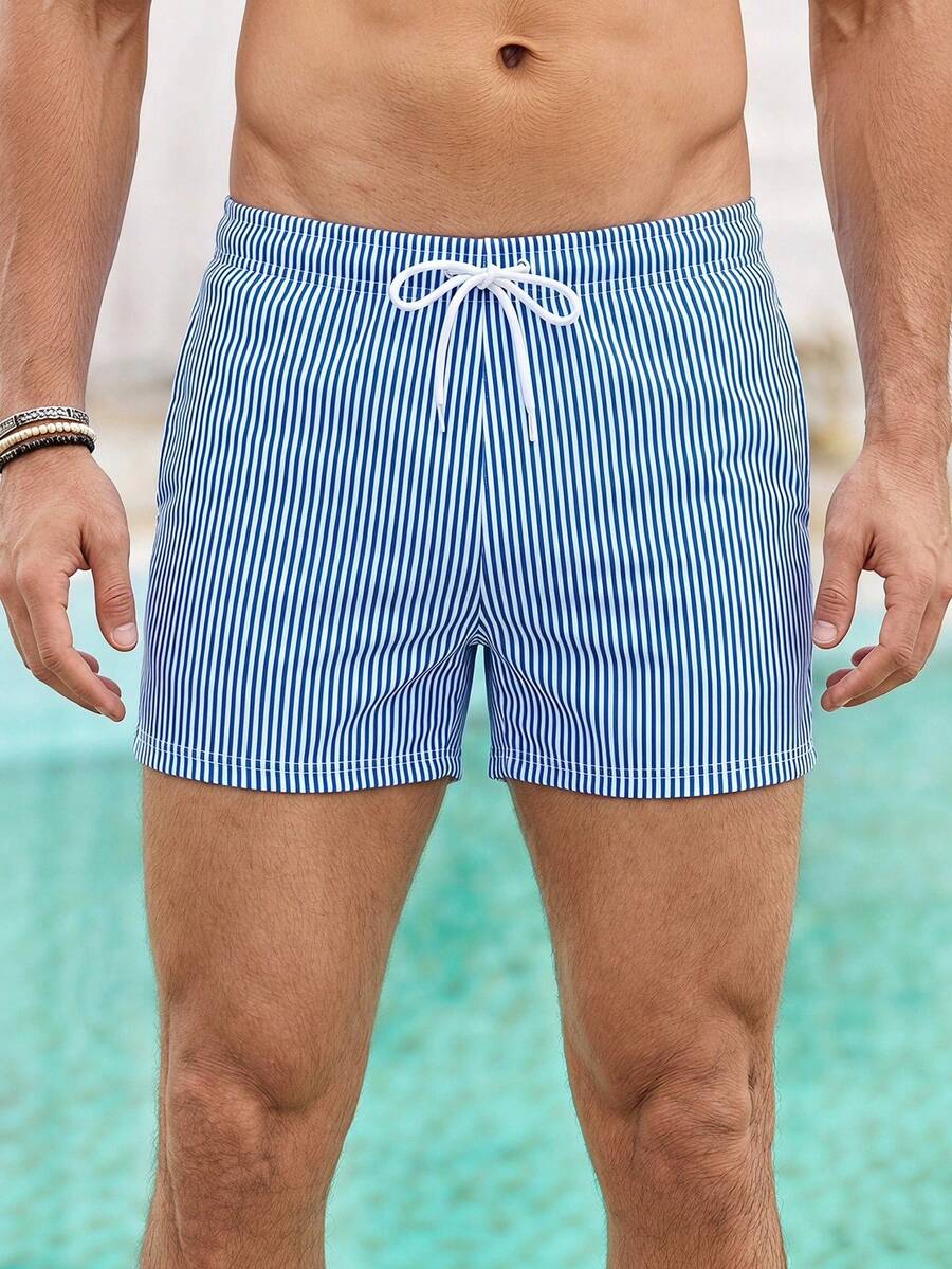 Mercer Haus New Striped Print Swim Trunks For Men, Blue & White, Fashionable & Comfortable For Beach, Surfing, Fitness, Daily Wear - Blue - View 1
