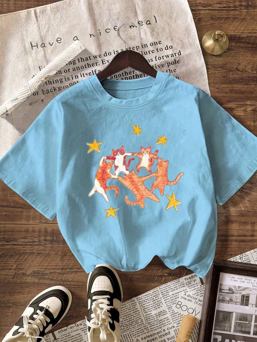 2000s Style New Summer Unisex Vintage T-Shirt With Dancing Cat And Star Pattern, Loose And Comfortable, Suitable For Summer Wear Casual - Baby Blue - View 1
