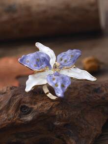 1pc Handmade Glazed White Flower Ring, Gilded Mottled Vintage Design, Niche Artistic Women's Jewelry - Multicolor - View 7