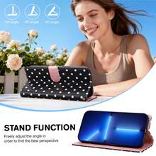 GLANDOTU Black & White Polka Dot PU Leather Wallet Phone Case, Flip Cover Design, Multi-Card Slots, Kickstand, Shockproof Protective Shell, Compatible With Multiple Phone Models - Multicolor - View 3