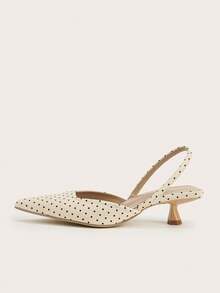 Women's Polka Dot Kitten Heel Shoes, Elegant Pointed Toe High Heels, Fashion Ankle Strap Open Back High Heels (Random Cut) - Apricot - View 3