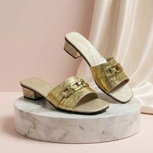 Women's Block Heel Slip-On Sandals With Metal Geometric Rivet Buckle Decor, Crocodile Embossed Glossy Pattern, Block Heel Slide, Rhinestone Chunky Square Heel, Low Heel Outdoor Wear, Luxury Elegant Style, Spring/Summer Shopping Date Gold, Metallic Gloss Embossed Leather Material, Chunky Heel Slide - Gold - View 2