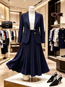 Elegant Plus Size Women Navy Blue Lapel NeckBlazer And Pleated Midi Skirt Set Fall - Deep Royal Blue - View 3