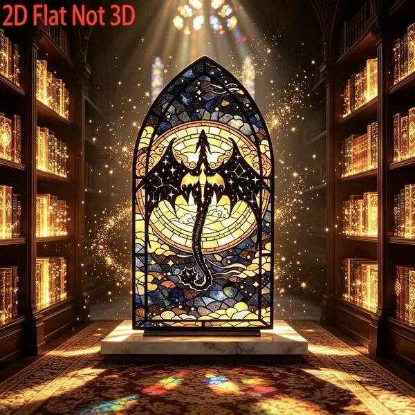 Painted Glass Dragon Arch 2D Acrylic Desktop Ornament, Gothic Window Style Desktop Decor, Starry Sky Giant Dragon Bookend Decoration, Suitable For Study, Bedroom, Library And Home Art Decor, Perfect Holiday Gift